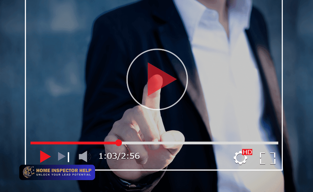 Close-up of a person in a suit touching a play button icon on a digital video player screen.