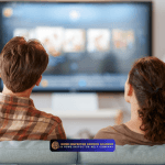 Two people sitting on a couch watching television together in a living room.
