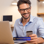 Smiling professional using a smartphone and laptop to manage home inspection leads and client communication
