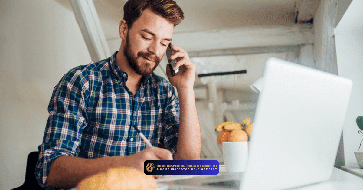 Home inspector on a call while reviewing inspection notes to support real estate agents and smooth transactions