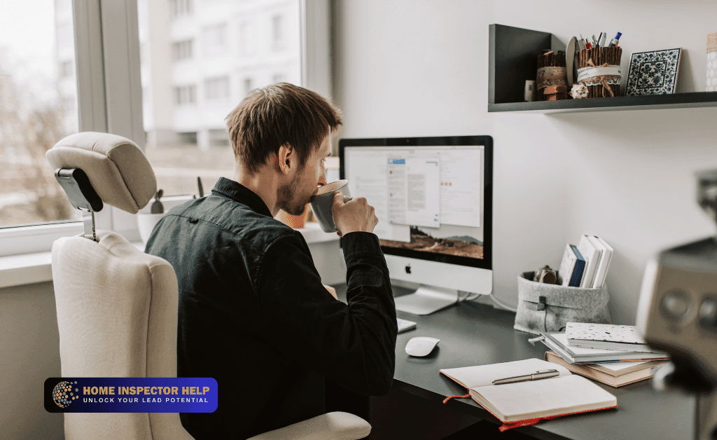 Home inspector reviewing inspection details at a desk to support real estate agents and client